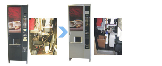 El antes y el después de una máquina de café, tratada por el servicio técnico de IST. ist reparacion mantenimiento reacondicionamiento logistica reparaciones vending maquinas expendedoras machines
