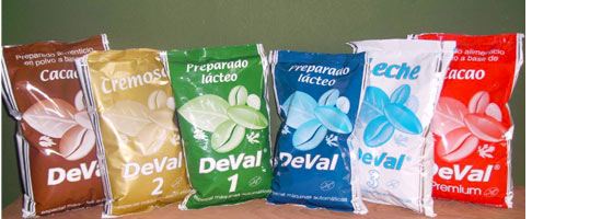 La gama de productos de la marca Deval incluye preparados lácteos, cacao y otros. blender deval solubles vending maquinas expendedoras machines lacteos leche cafe polvo azucar